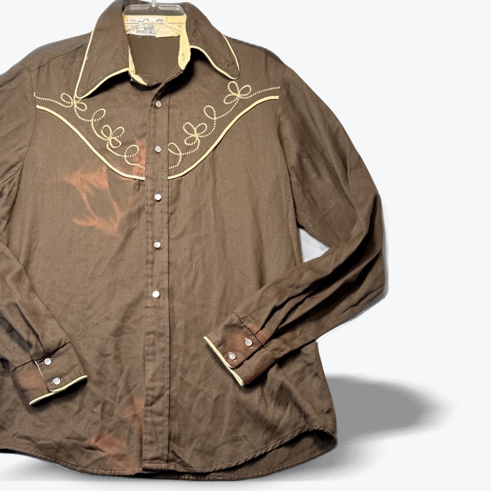 Vintage‎ 70s The Gap Brown Western Pearl Snap Shirt Orlon Distressed Large